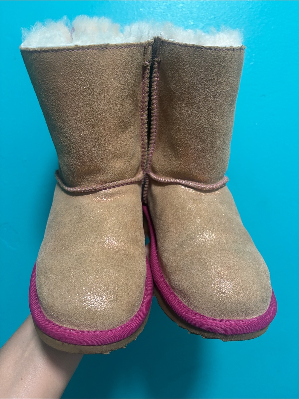 UGG Kids Tan Suede Boots with Pink Accents and Bows - Picture 7 of 8
